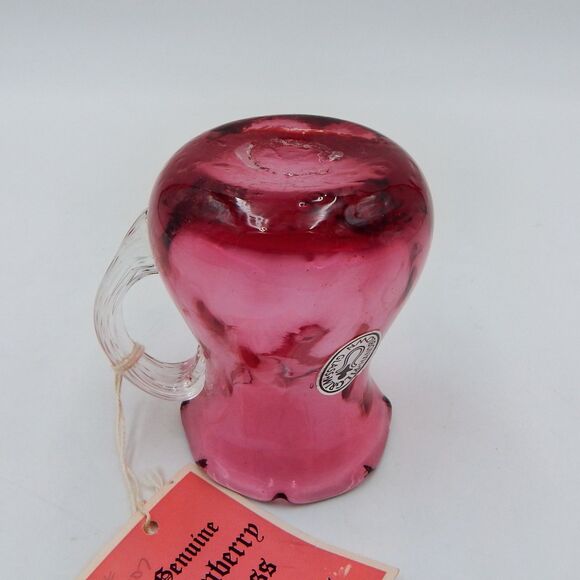 Pilgrim Glass Handblown Cranberry Vase Pitcher Applied Clear Handle 4 Inch Tags - Picture 13 of 13